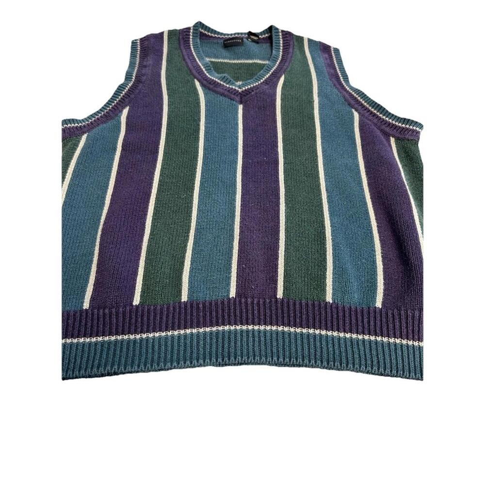 Vintage Structure Sweater Vest Mens L Blue Green Purple 90s Stripe V Neck Preppy - Picture 3 of 6